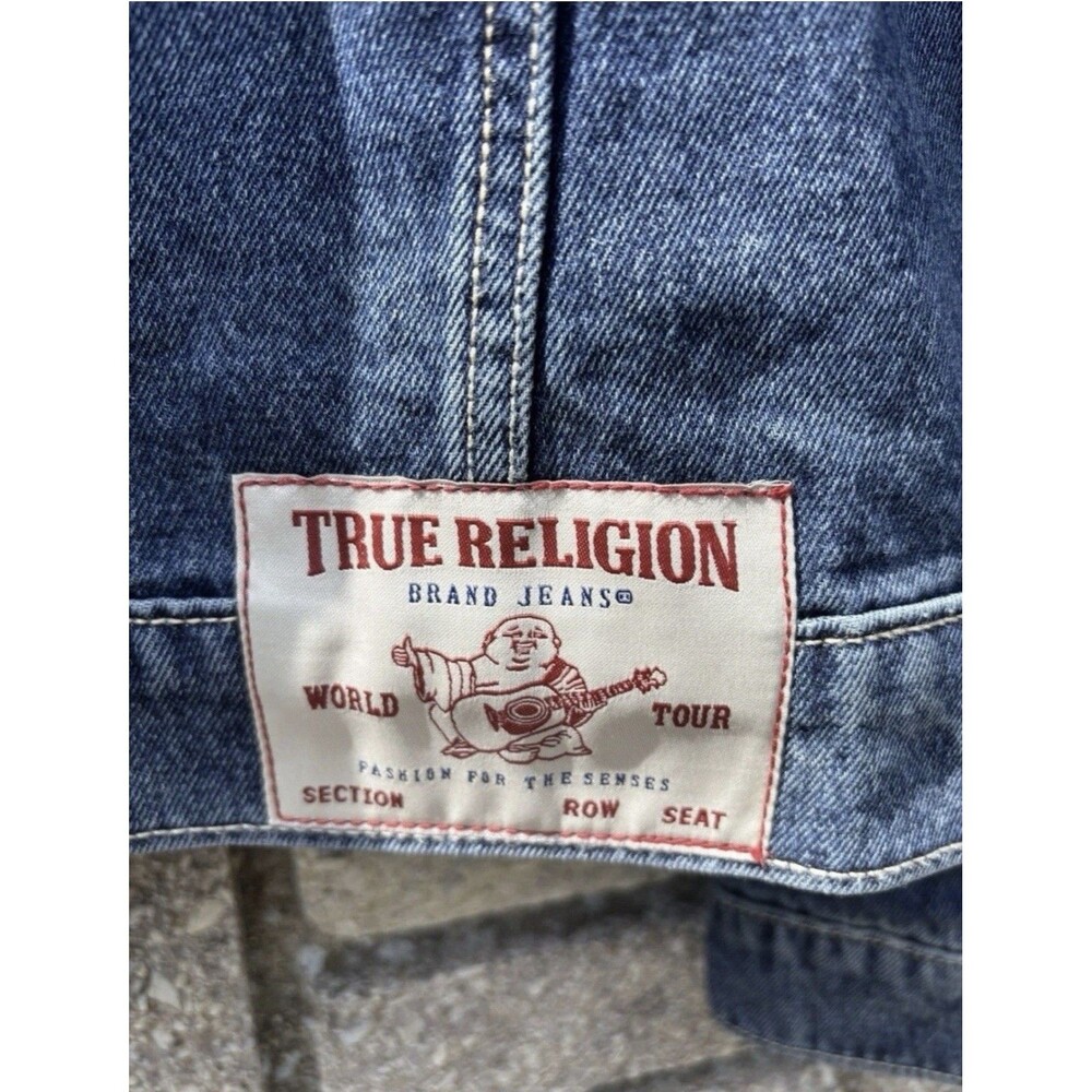 True Religion Sherpa Collar Denim Blizzard Wash Western Trucker Jacket Large - Picture 4 of 7